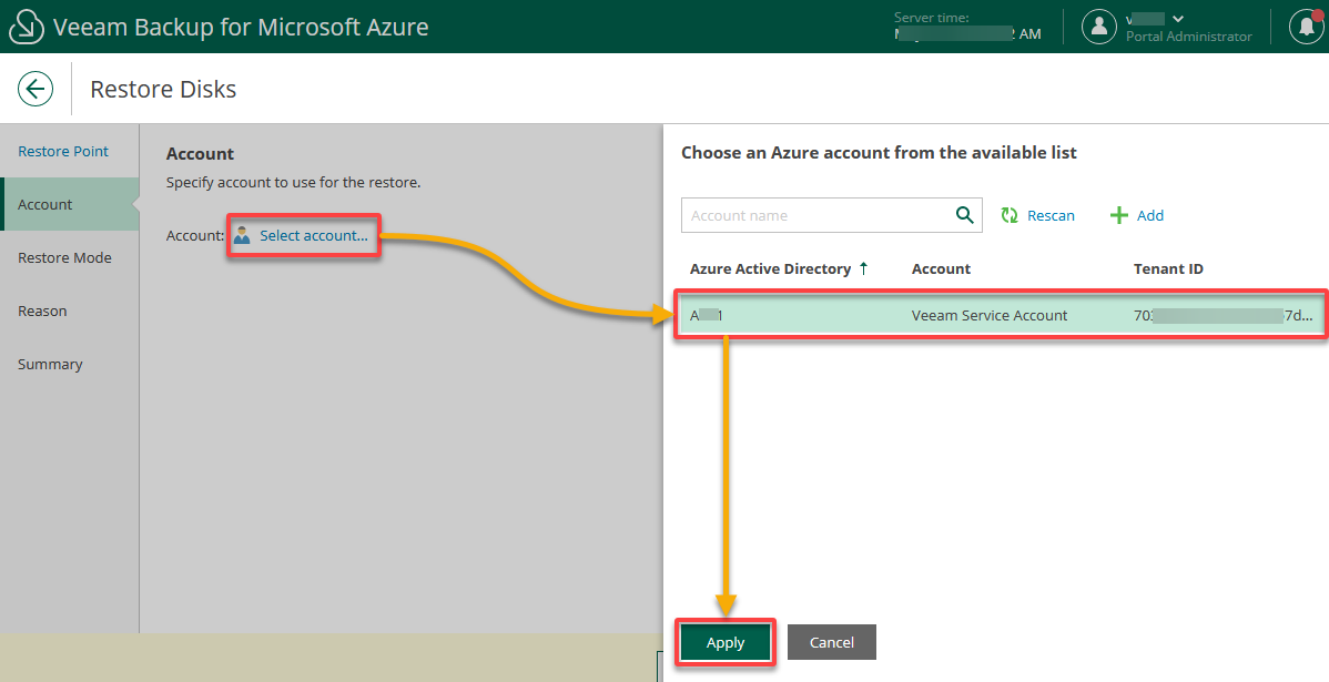 Selecting an Azure account to perform the restore operation