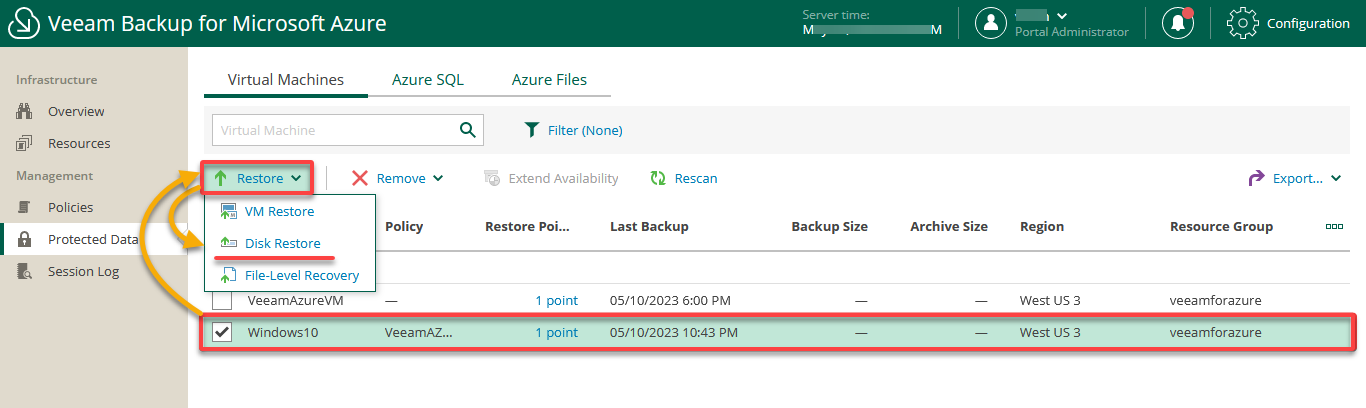 Selecting a VM with the virtual disk to restore