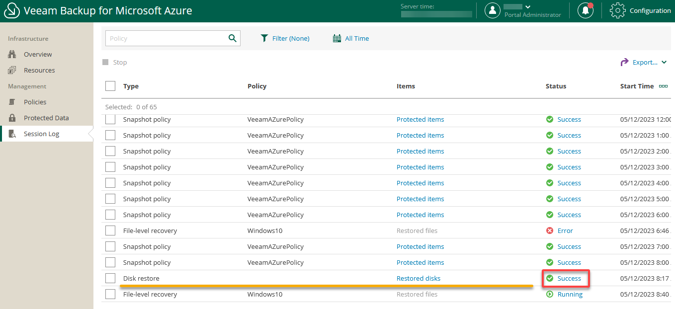 Selecting a session log