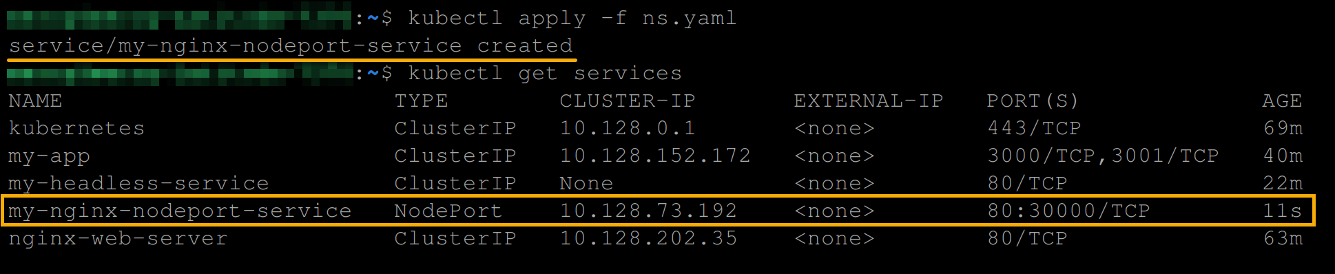 Creating and viewing the (my-nginx-nodeport-service) NodePort service type 