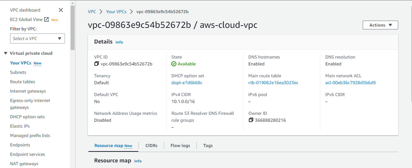 Overviewing the newly-created VPC details