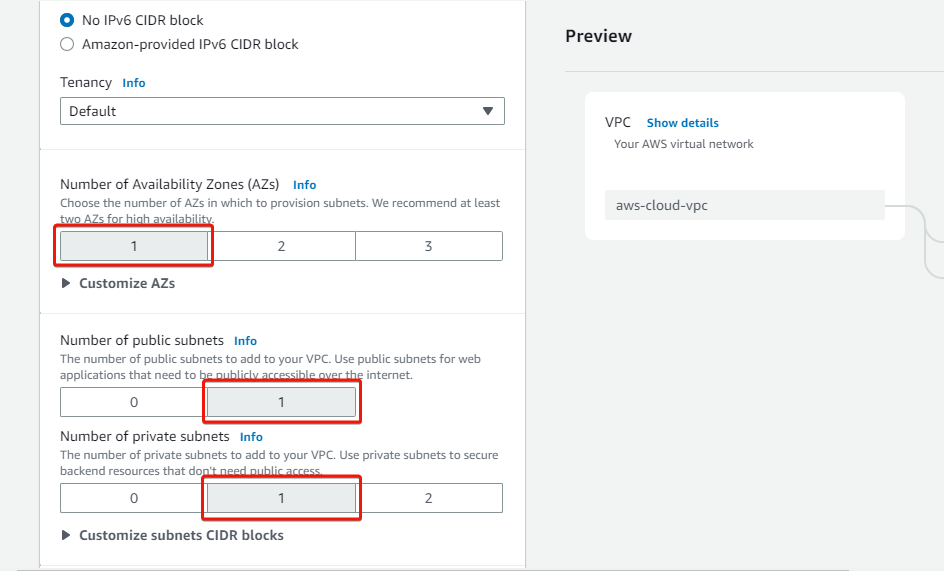 Selecting the number of VPC’s public and private subnets