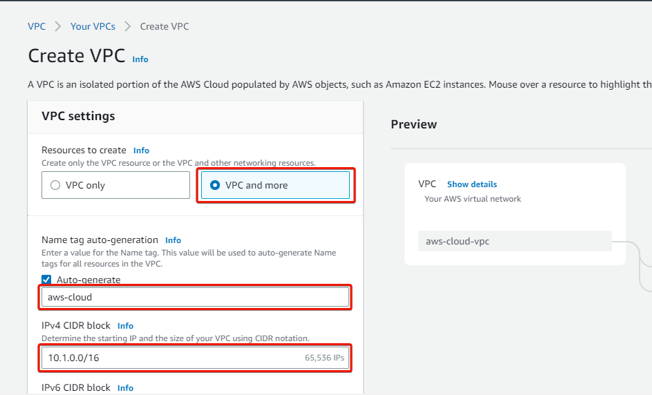 Providing name tag and CIDR IP address for the VPC