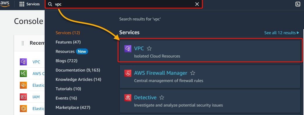 Accessing the VPC dashboard