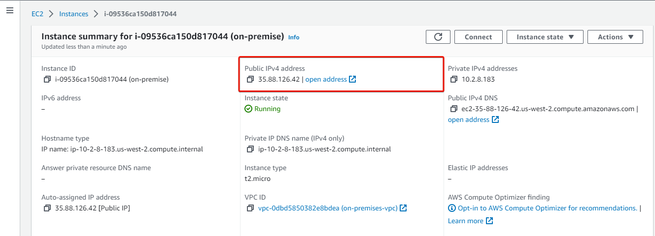 Copying the on-premises EC2 instance public IP address