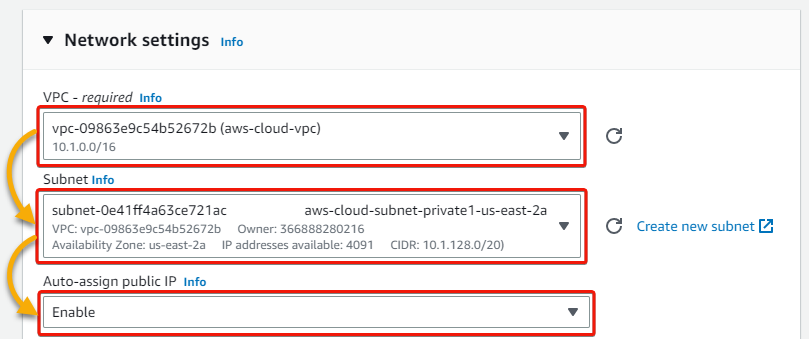 Selecting the instance VPC and subnet
