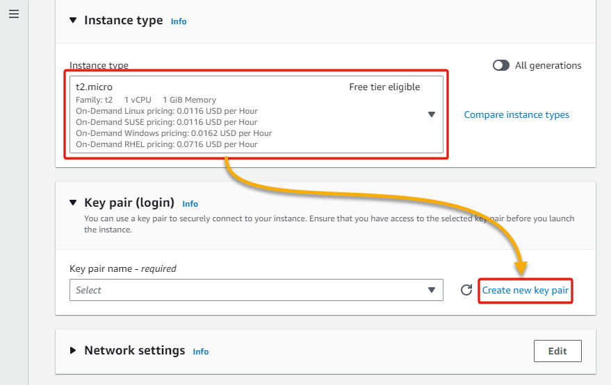 Selecting the instance type and key pair 