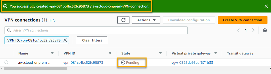 Confirming the VPN connection has been successfully created 