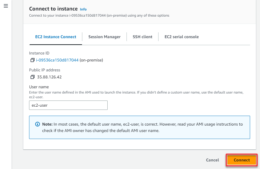 Connecting to the on-premises EC2 instance 