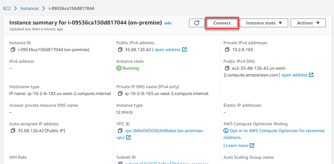 Initiating connecting to the one-premise EC2 instance