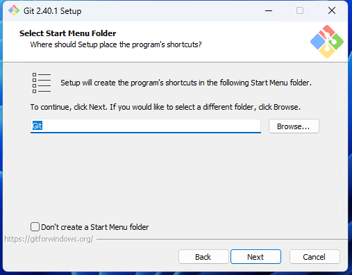 Git Bash start menu folder selection screenshot