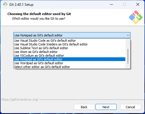 Selecting Git Bash's default editor screenshot