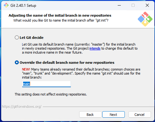 Choosing Git Bash default branch name screenshot