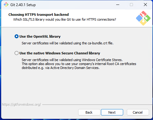 Git Bash SSL/TLS library selection