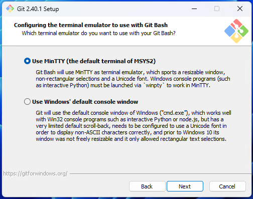 Git Bash terminal emulator selection