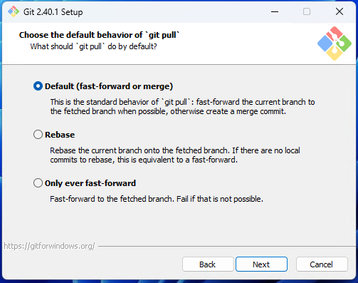 Git Bash git pull default behavior