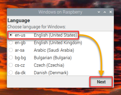 Selecting the language to use during the installation process