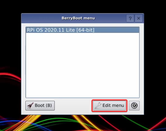 Accessing the BerryBoot menu editor