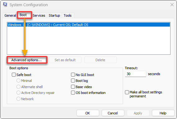 Accessing the BOOT advanced options