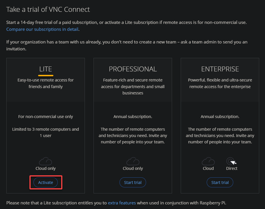 Selecting a VNC Connect subscription plan