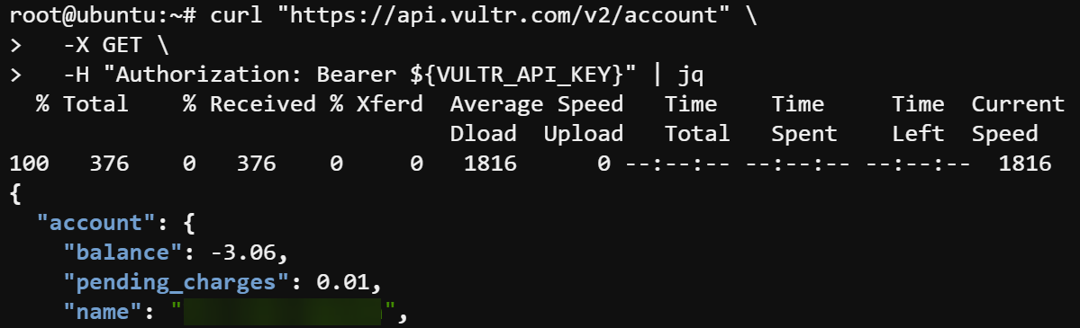 Retrieving Vultr account information authenticated by Personal Access Token