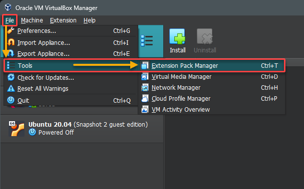 Opening the extension pack manager