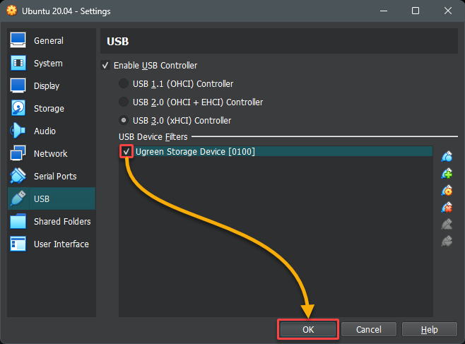 Saving the USB settings changes