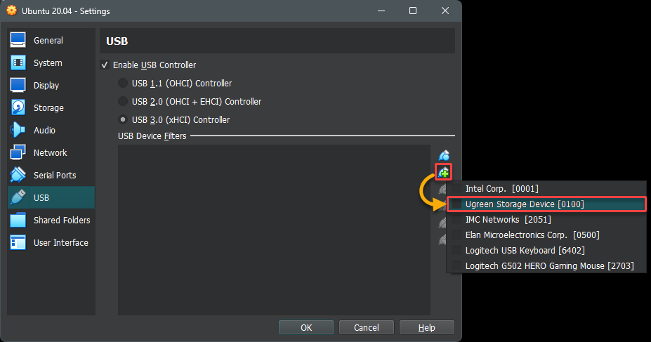 Selecting the desired USB device