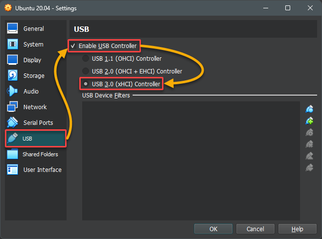 Choosing the desired USB controller version