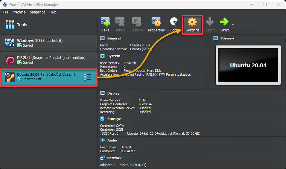 Accessing the VM’s settings