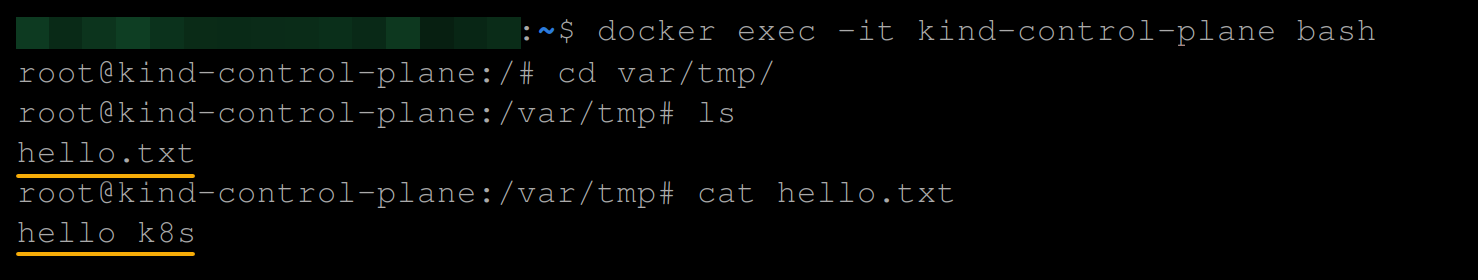 Accessing the host (node) to verify the hello.txt file’s content 