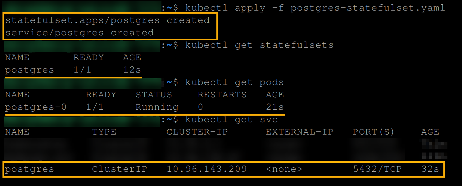 Creating and viewing Postgres statefulset, pods, and service