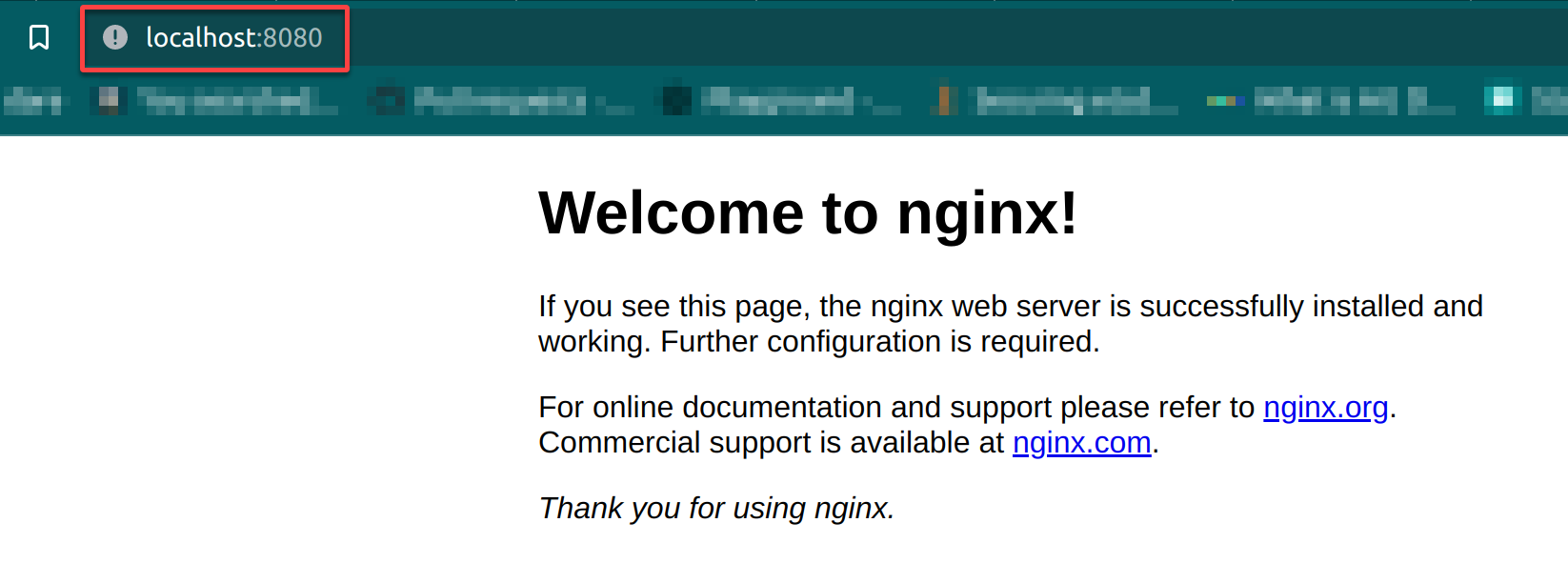 Accessing the NGINX welcome page on port 8080