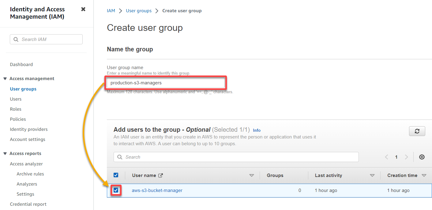 Naming the user group and adding users to the group