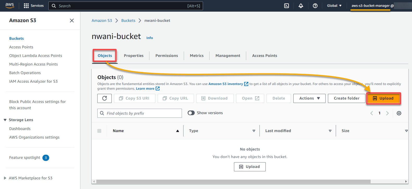 Uploading an object to the bucket using the IAM user