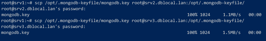 Copying the keyfile from srv1 to srv2 and srv3