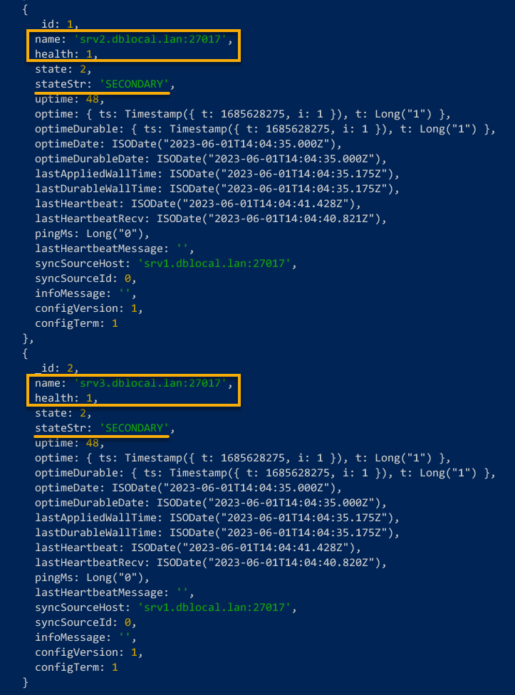 Checking the status of SECONDARY members of MongoDB Replica Set (srv2.dblocal.lan and srv3.dblocal.lan)