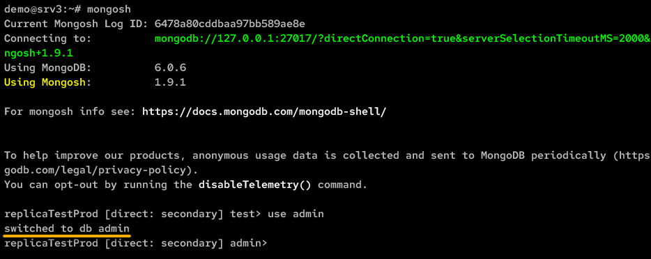 Connecting to the MongoDB server on srv3 and switching to the admin database