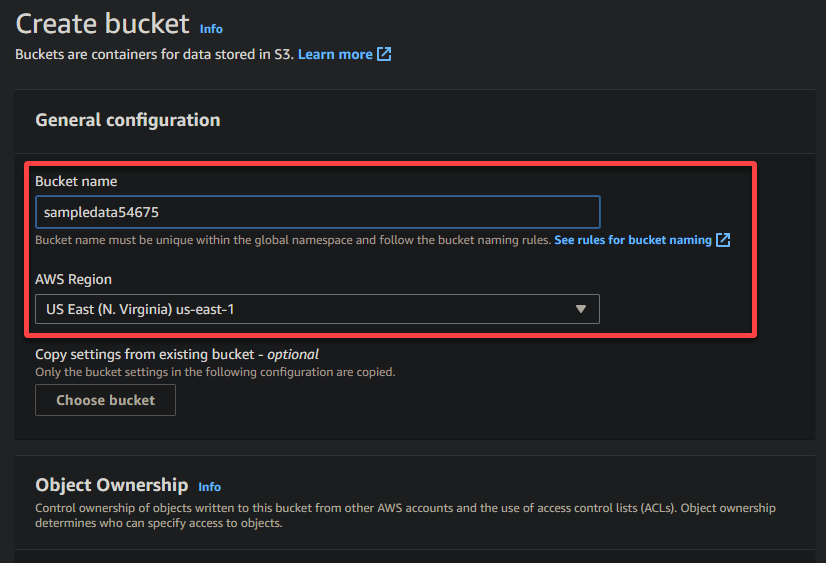 Providing a name and region for the bucket