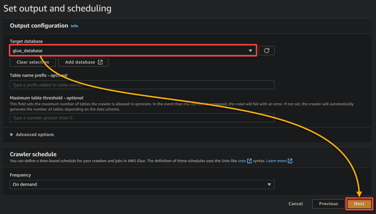 Setting a target database (glue_database)