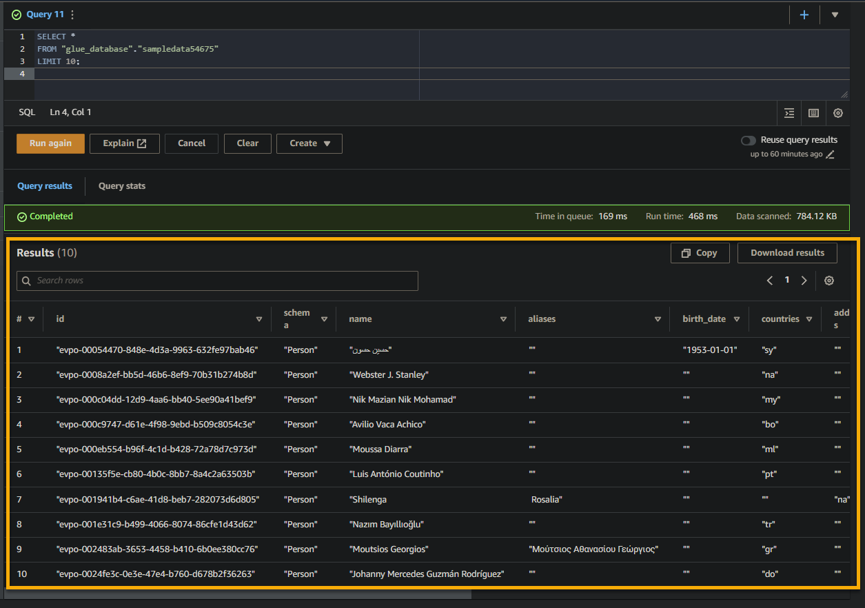 Viewing the query results