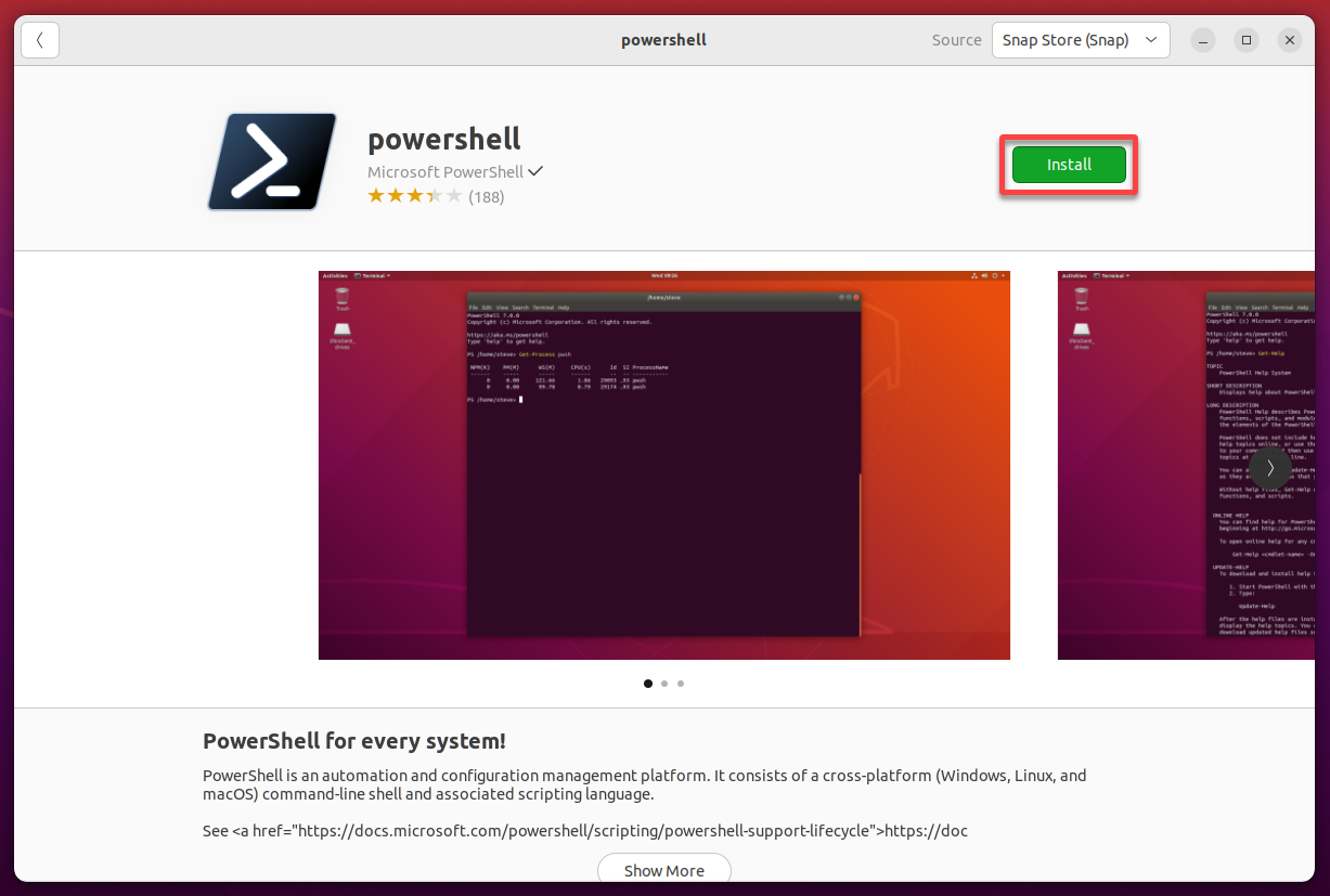 Installing software (PowerShell) via the Ubuntu Software Center
