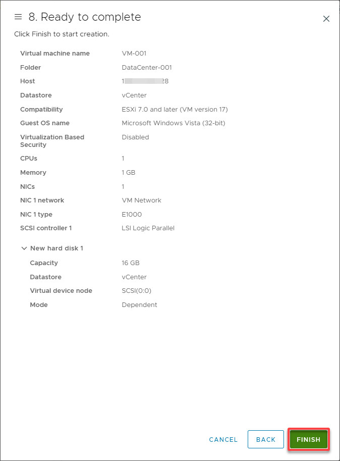 Reviewing the VM configurations and creating the new VM