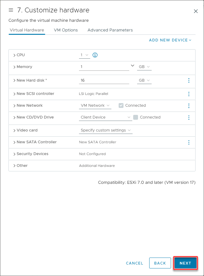 Customizing the Virtual Hardware settings of the VM