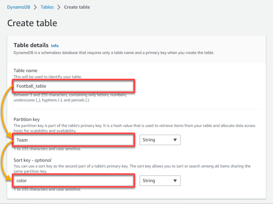 Adding a table name, partition key, and sort key