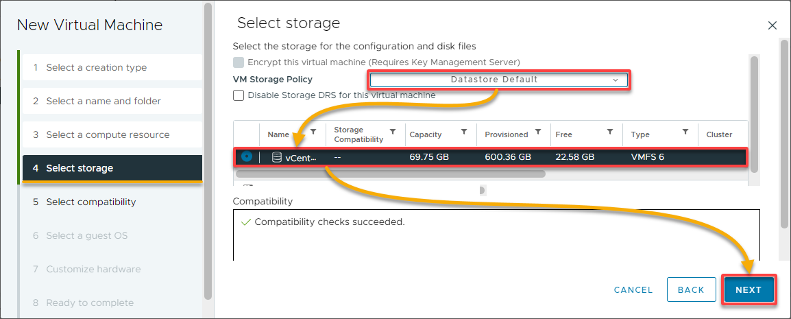 Choosing the datastore of the new VM