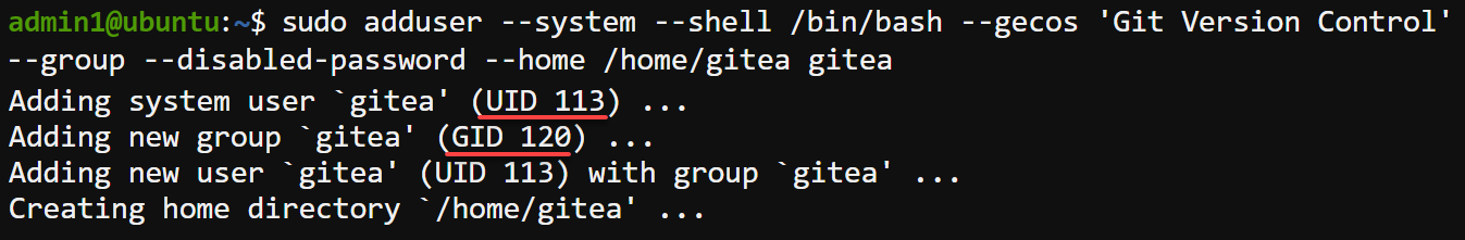 Creating a user for Gitea