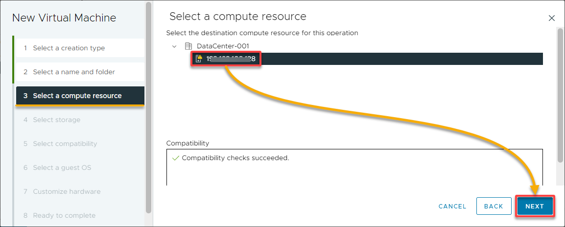 Choosing a desired compute resource for the new VM