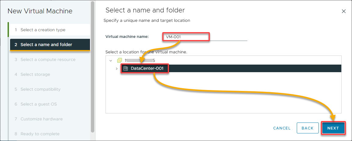 Naming the new VM and specifying its location