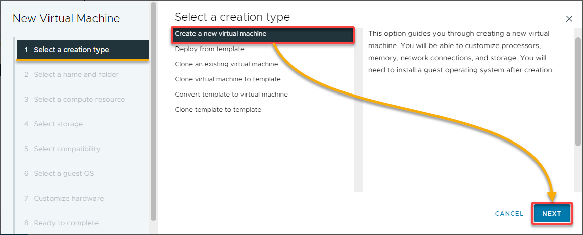 Selecting a VM creation type